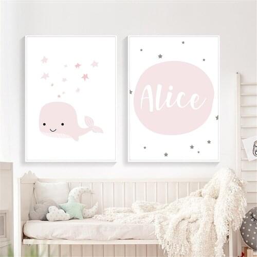 Personalized Custom Name Painting Pink Whale Print Nursery Wall Art Poster Child Prints Nordic Wall Pictures Girls Room Decor