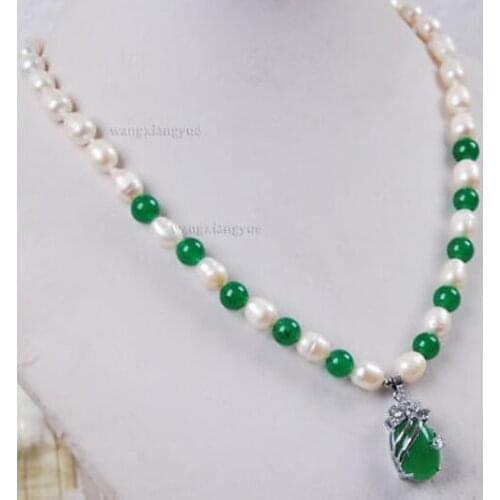 7-8mm White Akoya Cultured Pearl/Green 925 $ stone gems Gemstones pendant necklace natural Luxury Ms. girl Wedding Jewelry