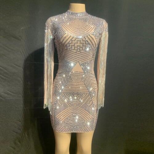 Transparent Silver Rhinestones Dress Mesh See Through One-piece Crystals Fringes Dress Birthday Celebrate Costume Vestidos