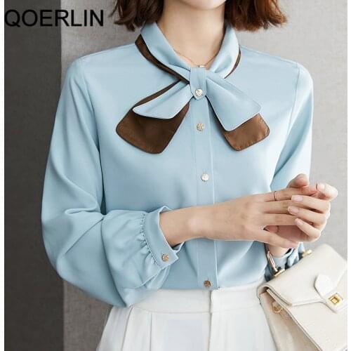 QOERLIN Single-Breasted Blue Blouse Women Spring Fall Korean Chic Long Sleeve Woman Shirt Bow Solid Loose Tops Blouse Plus Size