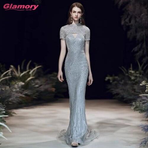 Luxury Beaded Formal Gowns Short Sleeves Trumpet Evening Gown For Woman