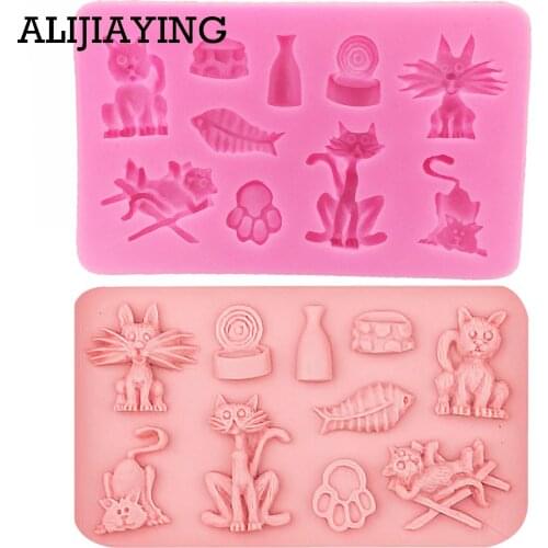M0516 1Pcs Cat Kitten fish Silicone Mold for Fondant, Gum Paste, Chocolate, Crafts Cake decorating tools