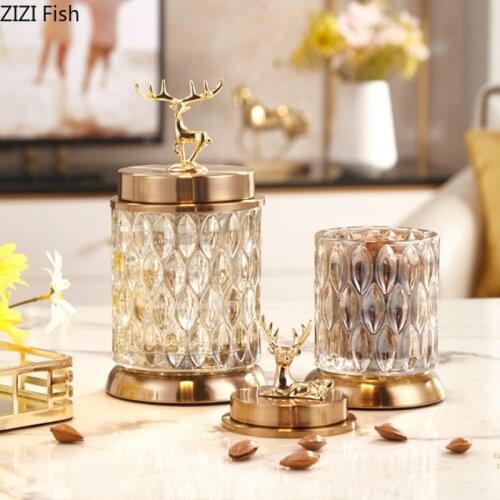2 Pcs/set Glass Storage Jars Golden Deer Decorative Tea Canister Candy Pot Crystal Storage Jar with Cover Spice Organizer