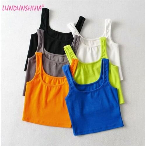 LUNDUNSHIJIA 2021 Summer Fashion Candy Colors Ribbed Cotton Top Camisole Women Sleeveless Slim Fluorescent Green Crop Tops