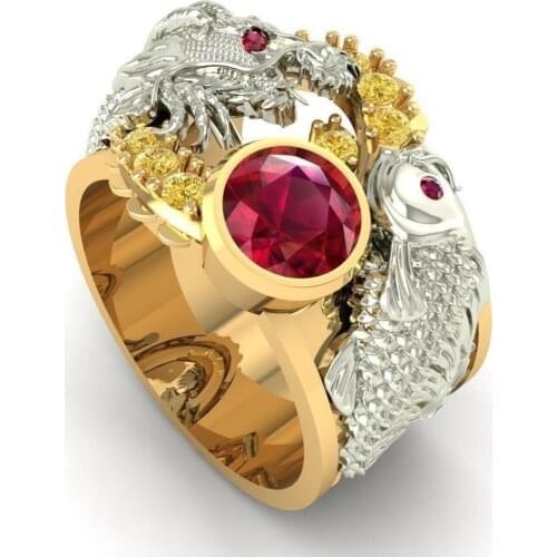 Unique Two-Tone Surround Dragon Red Zircon Mens Ring For Engagement Party Jewelry Hip Hop Styles Hand Accessories Size 5-13