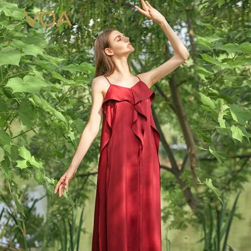 VOA Silk Double-sided Satin Elegance Prom Dresses AE953 Spaghetti Strap Strapless Glossy Silky Ruffled Red Evening Dress 2021