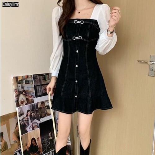 Women Winter Spring Cute Sweet Girls Faux Two Piece Bow Tie A Line Party Date Little Black Dress