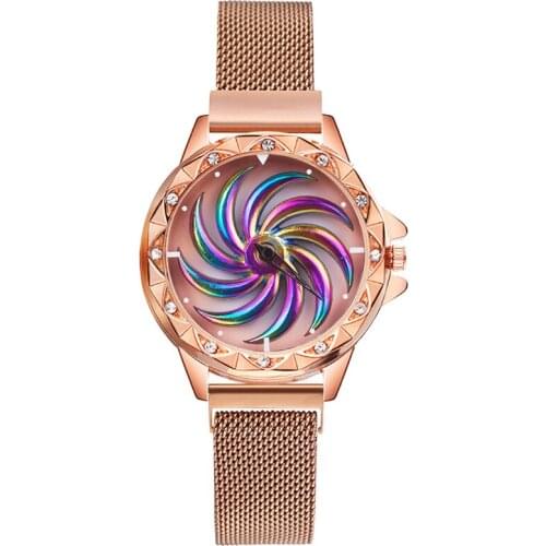 Ladies Quartz Watch Magnetic Mesh Alloy Strap Diamond Wrist Rotary Dial Golden Women Watch 2019 Hot Sale Wholesale