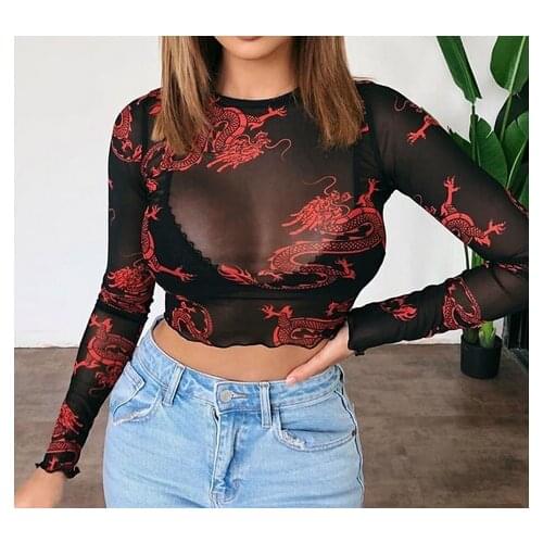 Women’ s Crop Top See Through Party Club Clothes Female Lace Floral Print Round Neck Long Sleeve Shirts