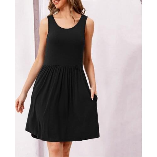 Casual Solid Color Tank Dress With Pocket Women O-neck Knee Length Vest Summer Dress 2021 Pleated Vintage Dress Vestidos 40