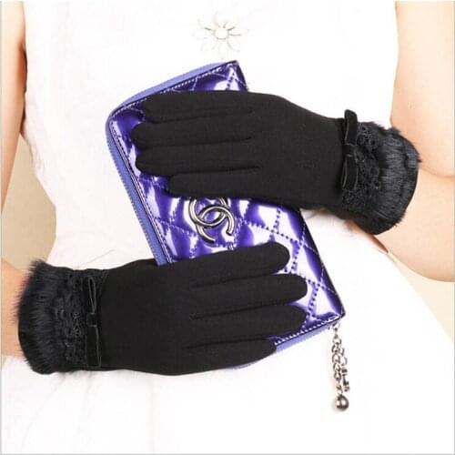 Winter Warm Fashion Elegant Womens Imitation Rabbit Hair Gloves With Lace Touch Screen Cycling Gloves