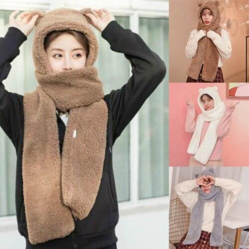 Winter Women Caps Warm Cute Bear Ear Hat Casual Plush Hat Scarf Set Casual Solid Women Caps Winter Hat