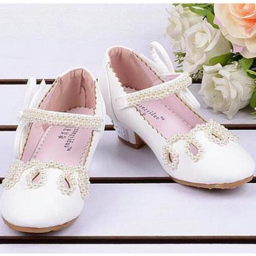 Qloblo pink white new children girls princess shoes five-pointed star pearl rhinestone beaded anklet kids wedding shoes