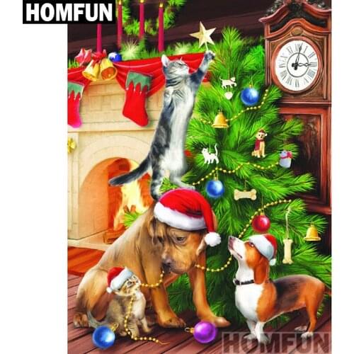HOMFUN Full Square/Round Drill 5D DIY Diamond Painting "Christmas dog & cat" 3D Embroidery Cross Stitch 5D Home Decor A00848