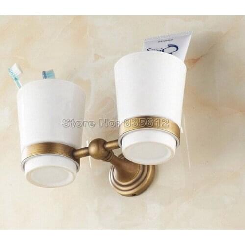 Antique Brass Toothbrush Holder with Two Ceramic Cups Wall Mounted Wba033a