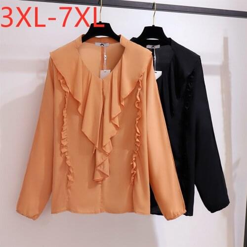 New Ladies Autumn Winter Plus Size Tops For Women Large Blouse Long Sleeve Loose Black Cotton Ruffle Shirt 3XL 4XL 5XL 6XL 7XL