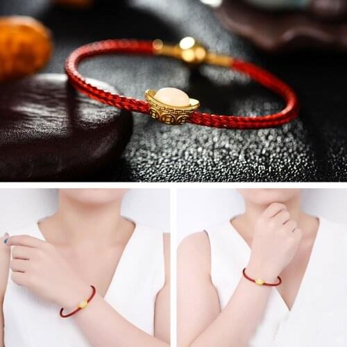 Natural White Jade Yuan 24K Yellow Gold Bracelet Carved Coin Weave Bracelet