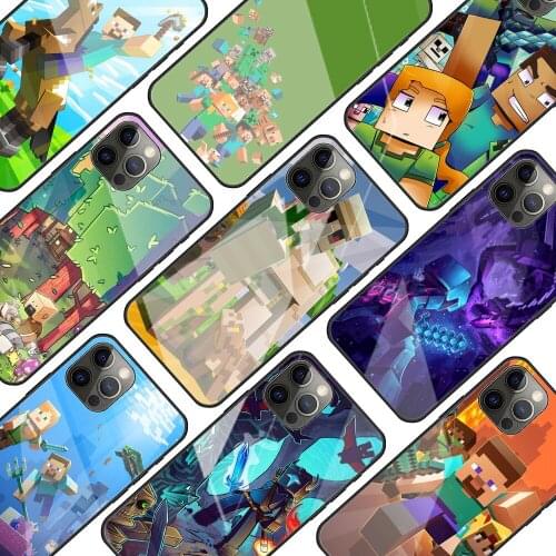 Sandbox game Mini World Glass Phone Case for iPhone 11 12 Pro XR X 7 8 XS Max 6 6S Plus SE 2020 Mobile Phones Cover Coque