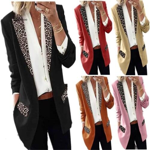 Ladies Leopard Print Patchwork Outwear Tops Elegant Turn-Down Collar Women Cardigan Coats Autumn Casual Long Sleeve Slim Jackets