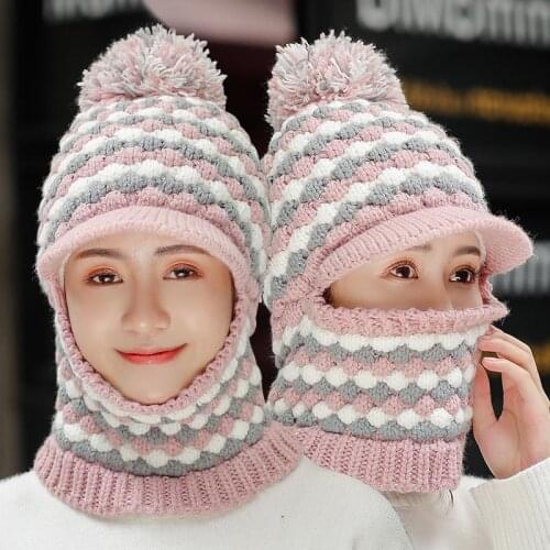 New Fashion Hats For Women Outdoor Windproof Keep Warmer Winter Knitted Hat High Quality Warm Thick Pompoms Balaclava Peaked Hat