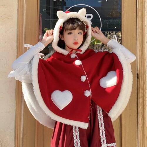 Kawaii Girls Cute Hoodies Women Pink Lolita Fleece Warm Cat Ears Hooded Cape with Heart Christmas Red Cosplay Thick Cloak Blue
