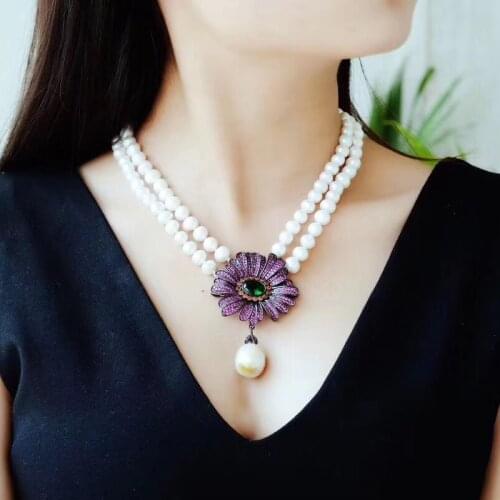 Purple green blue big daisy double pearl short necklace for girls fashion natural pearl jewelry
