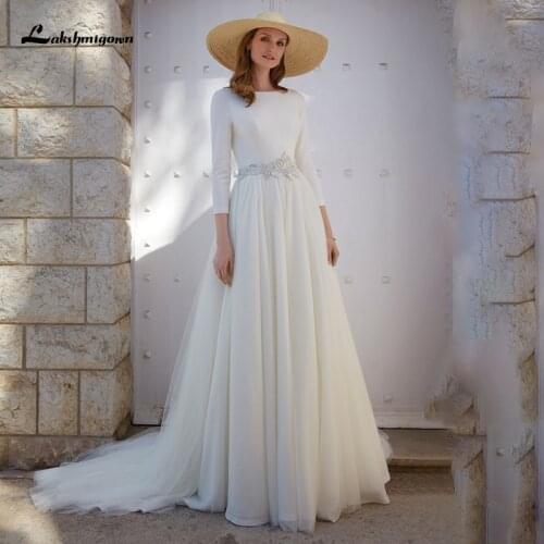 Lakshmigown Elegant Simple Wedding Dresses 2021 Open Back Long Sleeve Boho Beach Bridal Gown vestido de novia Tulle Wedding Gown