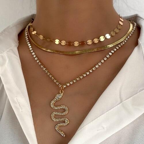 Golded Multilayer Snake Chain Choker Necklaces for Women Shining Crystal Animal Snake Tennis Chain Pendant Necklace Boho Jewelry