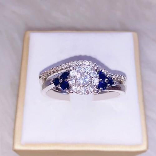 Fashion Blue Crystal Zircon Engagement Ring Elegant Simple Ladies Romantic Birthday Gift