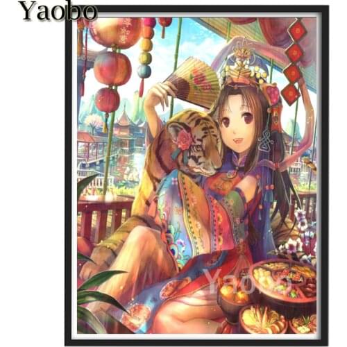 Full Drill Square Diamond Painting diy mosaic,Japanese anime girl and tiger Cross Stitch Kit Diamond Embroidery Round Rhinestone
