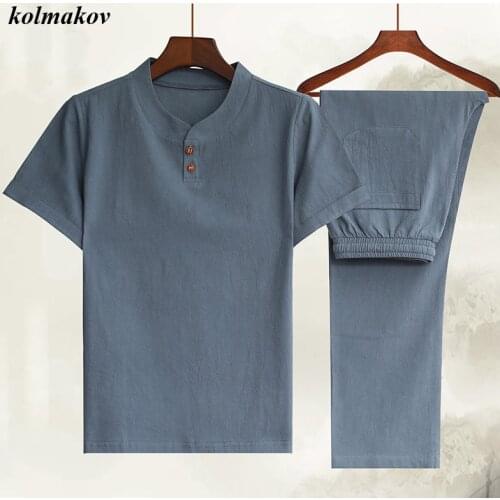 New Arrival Summer Style Men Boutique Two-piece Cotton and Linen Shirt High Quality Solid Mens Leisure Shirt (Shirt+Pants)M-5XL