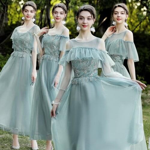 Plus Size Green Embroidery Bandage Gauze Solid Color Flower High Waist Slim A-Line Chiffon Party Bridesmaid Dresses