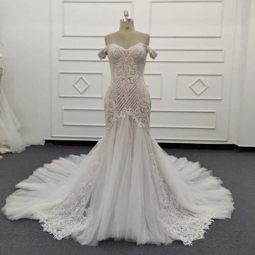 Luxury Mermaid Wedding Dresses 2021 Lace Appliques Off Shoulder Bridal Dress Chapel Train Beaded Vestido de Noiva GLT132-AM