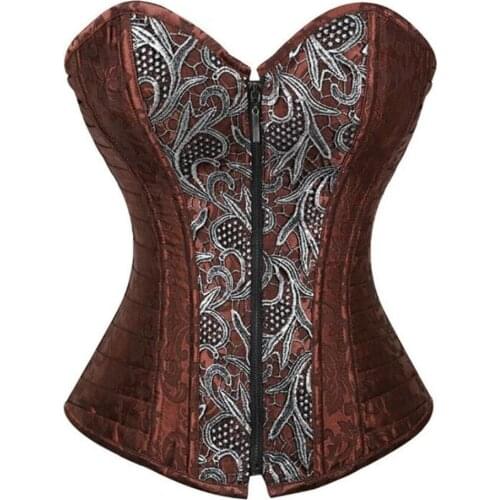 Steampunk Corsets and Bustiers Plus Size Brown Corset Steel Bone Zip Tops Gothic Vintage Corselet