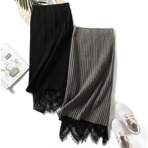 Autumn Winter New Fashion Skirts Womens High Waist Lace Solid Color Half Long Elastic Skirt pencil gothic office lace Skirts