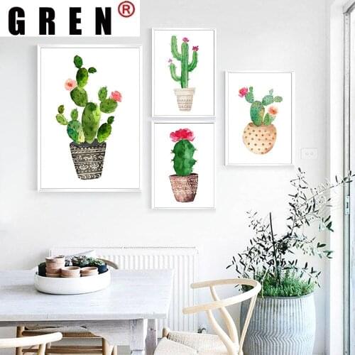 GREN Green Plants Cactus Red Flower Canvas Painting Wall Art Print Poster Picture Modern Living Home Room Decor