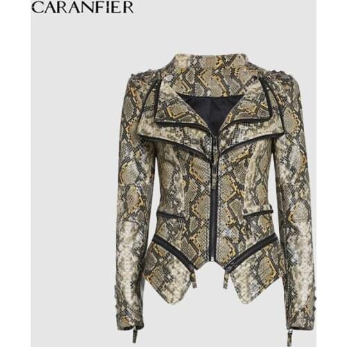 CARANFIER Women Leather Jacket Winter Lady Spliced Moto Biker Jackets Rivet Punk Faux Snake Print Double Zipper Slimming Coat