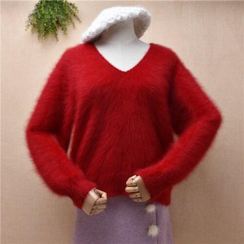 Female women autumn winter clothing hairy mink cashmere knitted v-neck loose pullover angora fur jumper red sweater pull tops