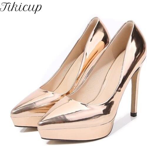 Tikicup Women Patent Pointed Toe Platform High Heels Elegant Ladies Slip On Stiletto Pumps Party Shoes Size 33-45 Gold Silver