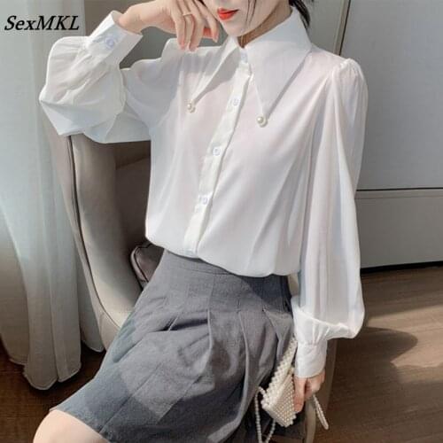 Women Vintage White Chiffon Blouses 2021 Korean Fashion Puff Sleeve Ladies Tops Elegant French Loose y2k Sexy Shirts Blusa Mujer