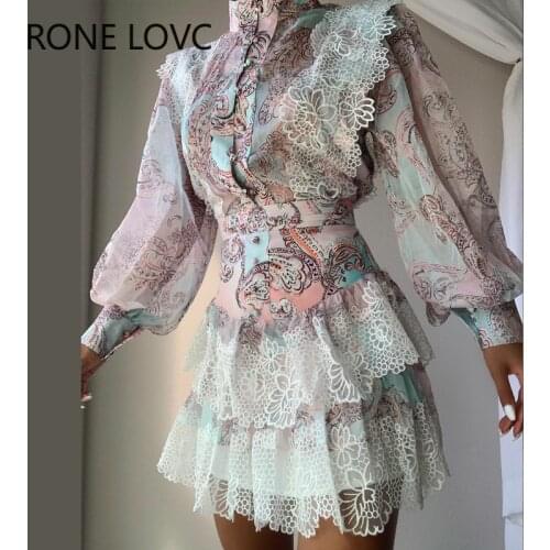 Women Chic Lantern Sleeve button Lace Hem All Over Print Mini Sweat Skirt Sets