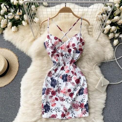 YuooMuoo Sexy Backless Beach Holiday Dress 2021 Summer Flower Print Mini Bodycon Dress Women Night Club Party Dress Vestidos