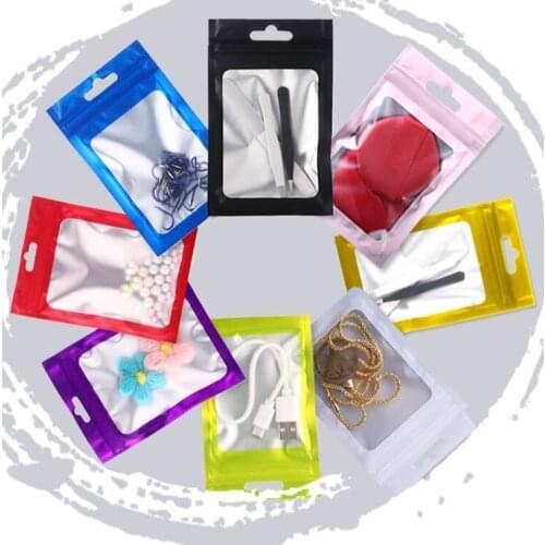 100Pcs Colorful Matte Clear Aluminum Foil Zipper Lock Grocery Packaging Bag with Hang Hole Food Crafts Sundries Mylar Pack Pouch