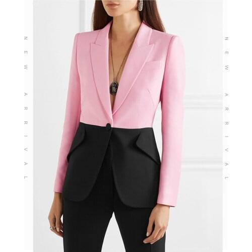 2021 Fashion Women Pink Black Patchwork V Neck Long Sleeve Party Blazer