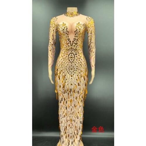 7 Colors Gold Rhinestone Sequin Fringe Spandex Long Dress Birthday Celebrate Show Dress Women Dancer Singer Prom Party Dress