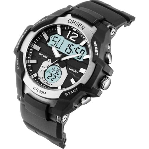 OHSEN Digital Military Sports Watches Men Alarm 50M Diver LED Light Shock Silver Fashion Quartz Wristwatches Relogio Masculino