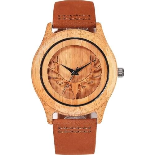 Fashion Bamboo Wooden Watch Cool Deer Head Hollow Leather Band Strap Nature Wood Bangle Wristwatch Unisex Reloj Hombre