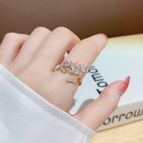 2021 New Luxury Shiny Zircon Leaf Shape Gold Open Rings For Woman Korean Fashion Jewelry Party Goth Girls Unusual Rings