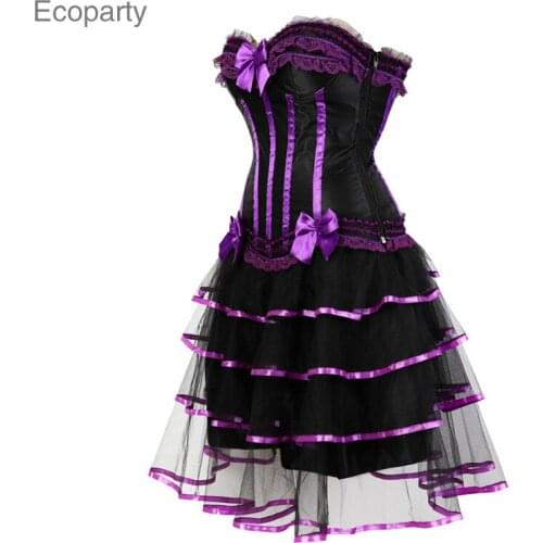 15 Burlesque Corset with Skirt Set Vintage Cosplay Costumes Striped Floral Lace Dress Corset Bustier Lingerie Top for Women Plus