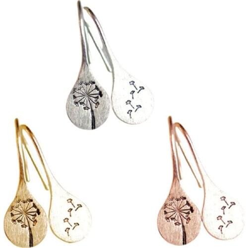 Trendy Engraving Dandelion Drop Earrings Simple Style Water Drop Metal Gold Silver Color Plant Flower Hook Earrings